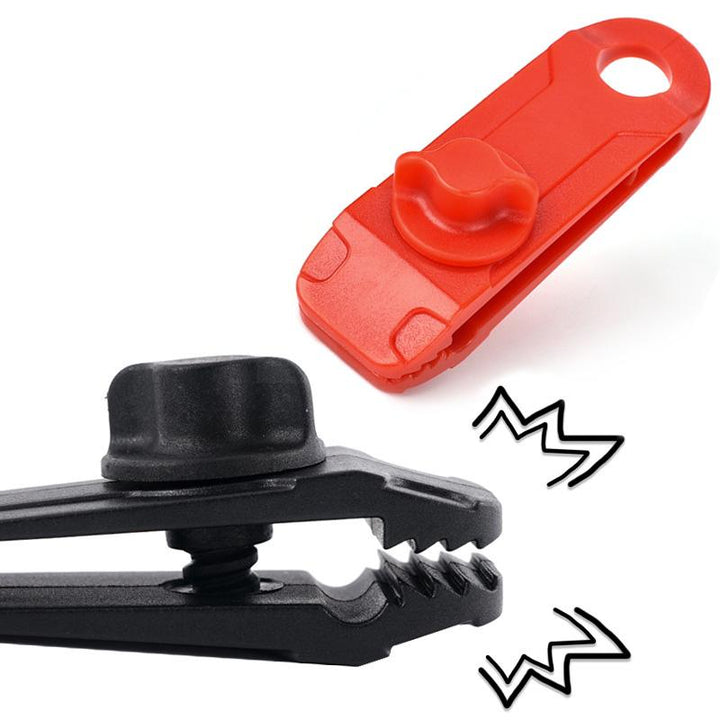 Red universal tarp clip, an essential camping gear accessory for tents, awnings & emergency shelters.