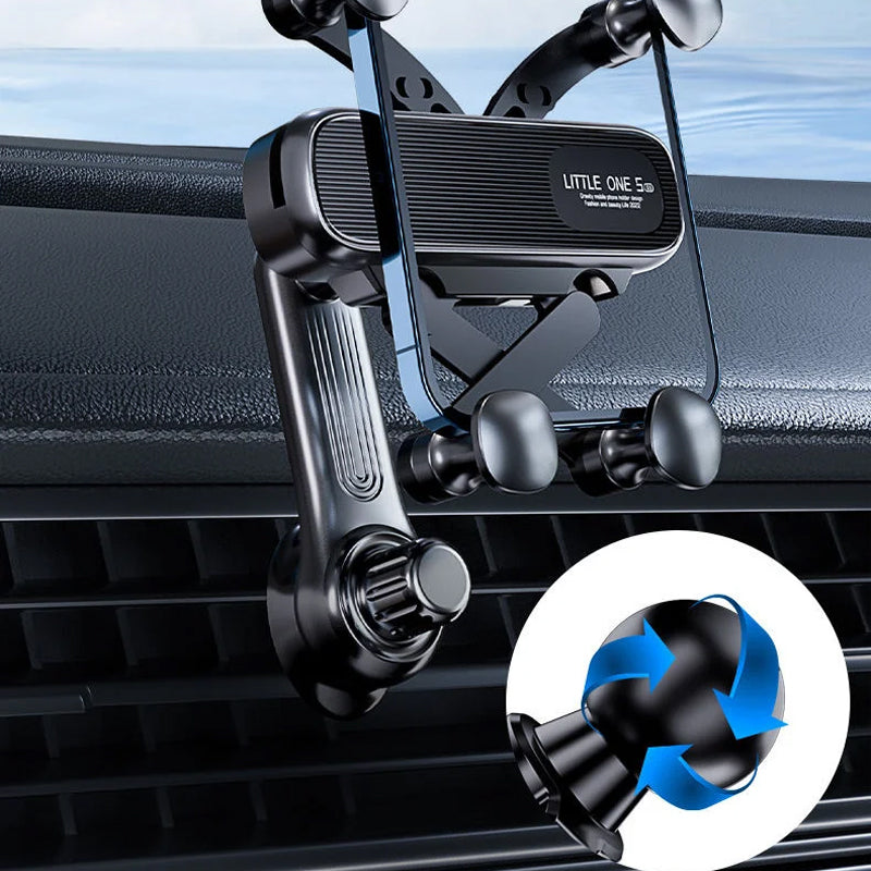 Front view of the universal rotatable car phone holder, emphasizing its sleek design & dashboard suitability