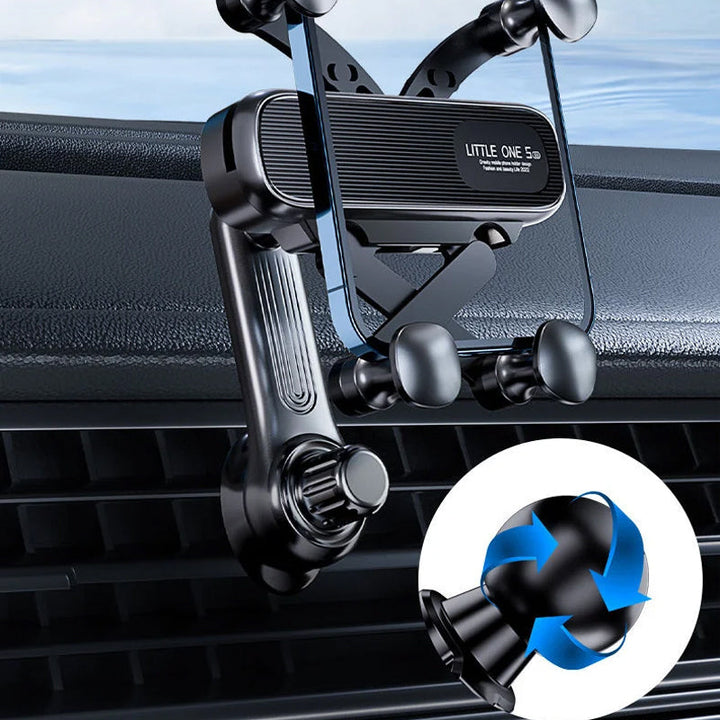 Front view of the universal rotatable car phone holder, emphasizing its sleek design & dashboard suitability