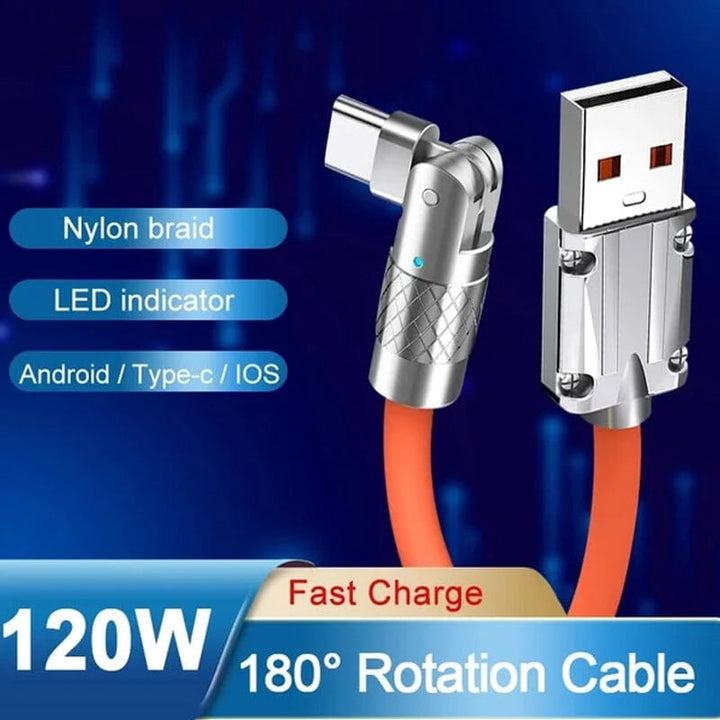 Universal rotating fast charge USB cable, 3-in-1, micro-USB, Type-C, iPhone charger.