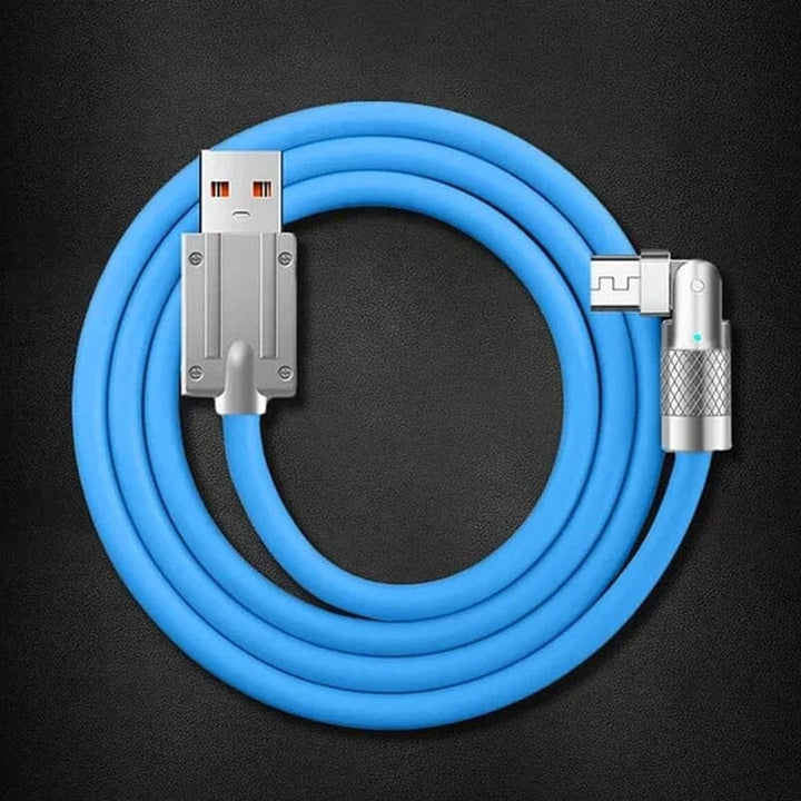 Hand holding a universal rotating fast charge USB cable with a phone.