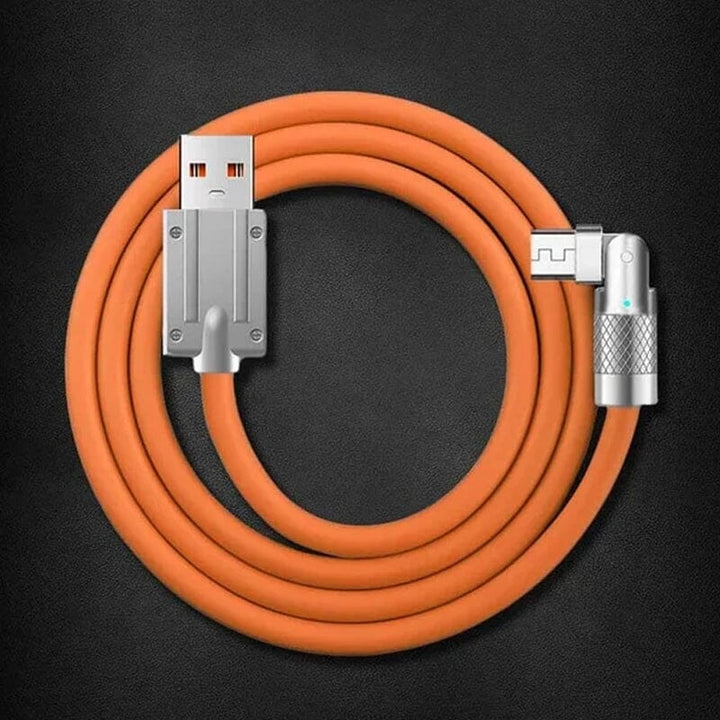 Universal rotating fast charge USB cable packaged with three different connectors.