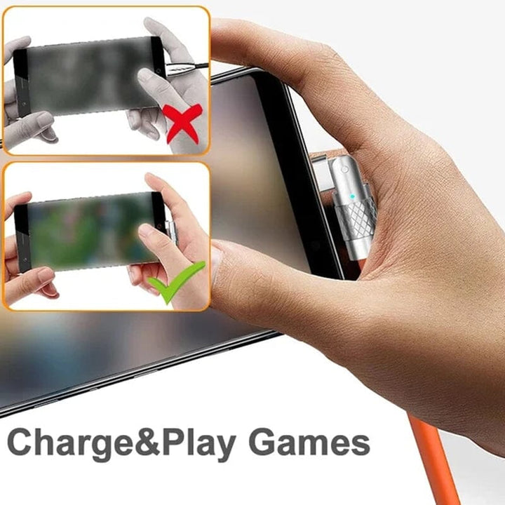 Rotating 360-degree fast charge USB cable for micro-USB, Type-C, and iPhone devices.