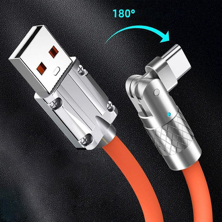 Angled shot of a universal fast charge USB cable with its rotating magnetic tip.