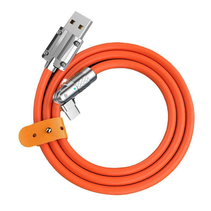 Universal rotating fast charge USB cable connected to an iPhone, showing charging in use.