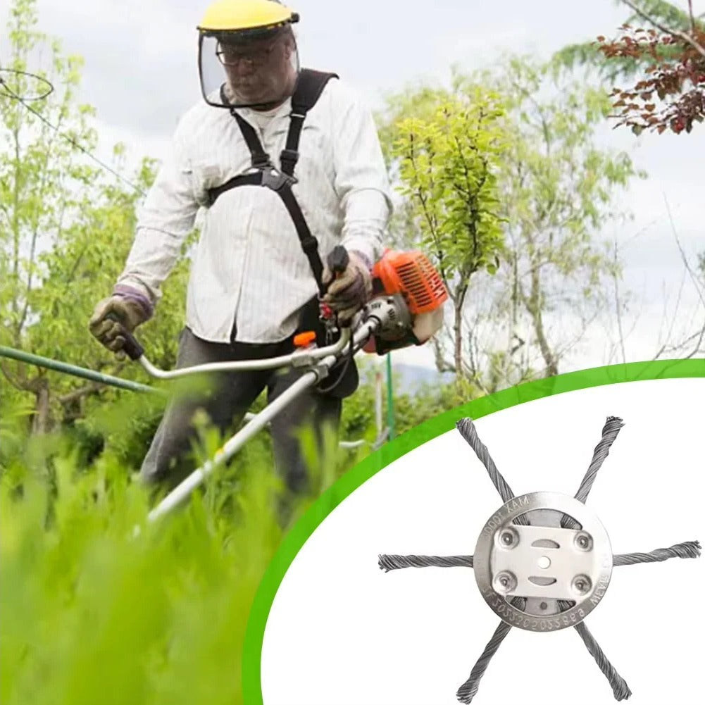 Powerful steel wire brush cutter head for tough weeds, rust, and paint stripping. Universal fit.