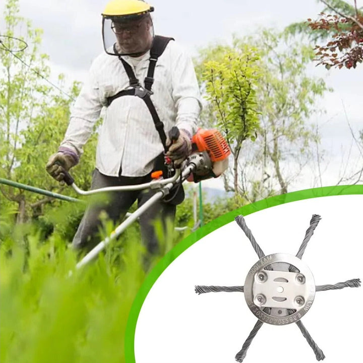 Powerful steel wire brush cutter head for tough weeds, rust, and paint stripping. Universal fit.