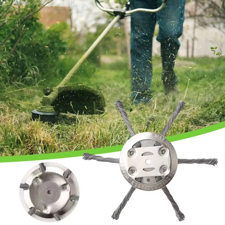Universal steel wire brush cutter for aggressive weed trimming, rust, & paint removal.