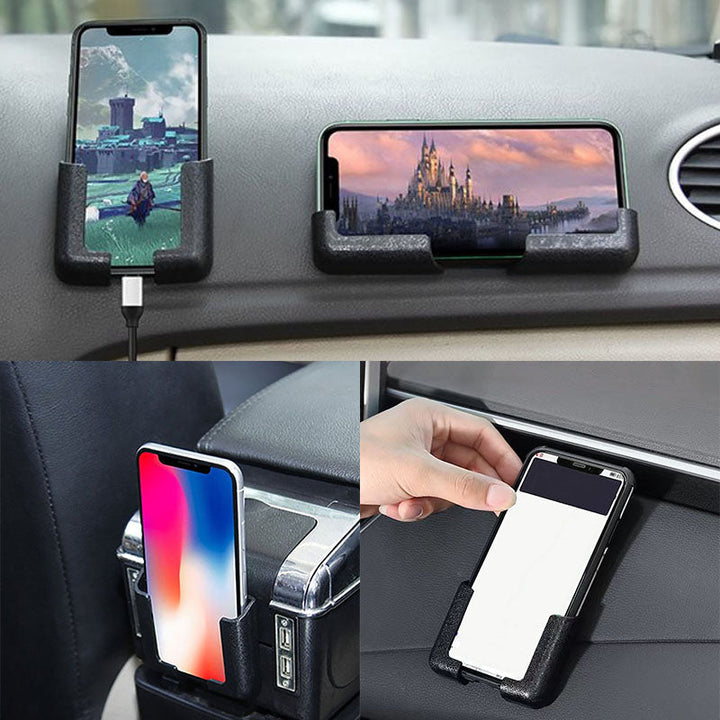 Home organization solution: universal sticky holder on a wall, displaying a phone or small device