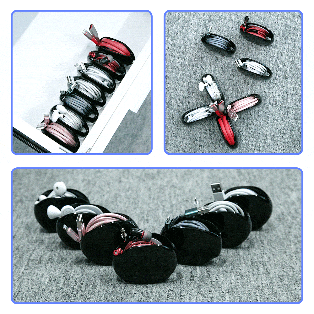 Hand holding Universal Tangle-Free Cable Organizer with earbud cables neatly wrapped