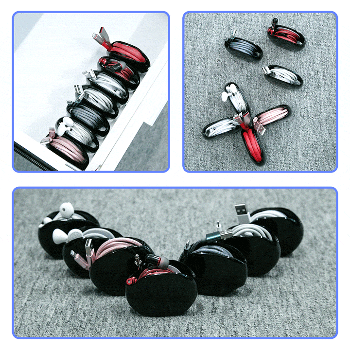 Hand holding Universal Tangle-Free Cable Organizer with earbud cables neatly wrapped