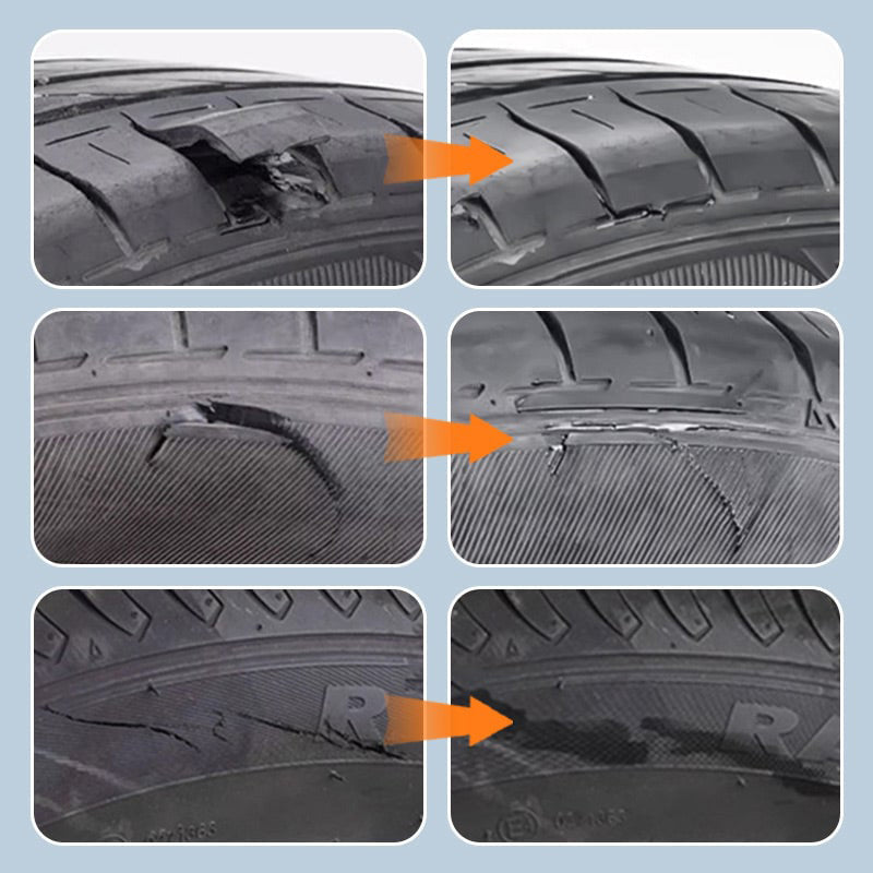 Universal Tire Repair Adhesive applied to a punctured car tire, demonstrating effective and waterproof sealing