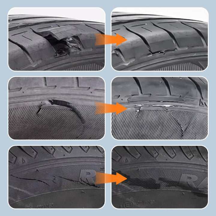 Universal Tire Repair Adhesive applied to a punctured car tire, demonstrating effective and waterproof sealing