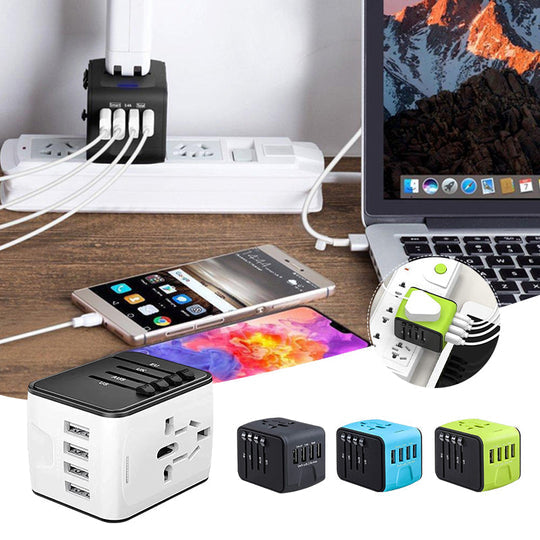 Universal travel power adapter with 4 USB ports for global charging needs on the go.