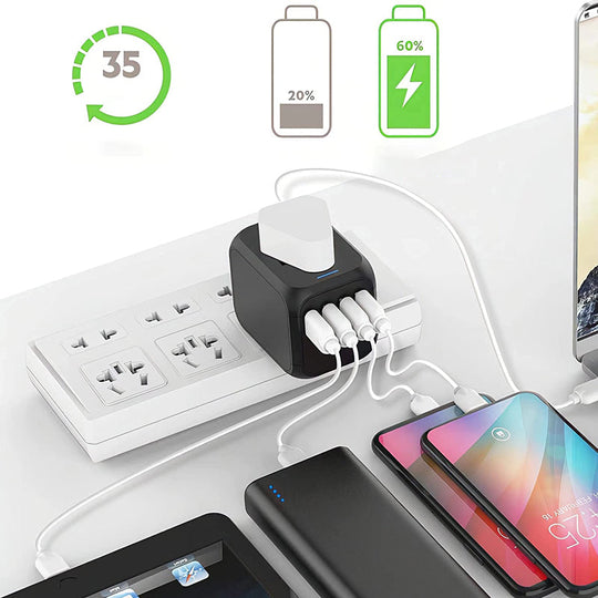 Multi-port universal travel adapter, ideal for charging devices across different continents.