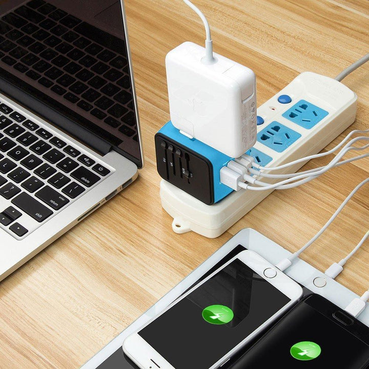 Power adapter with 4 USB ports, a must-have travel essential for global connectivity.