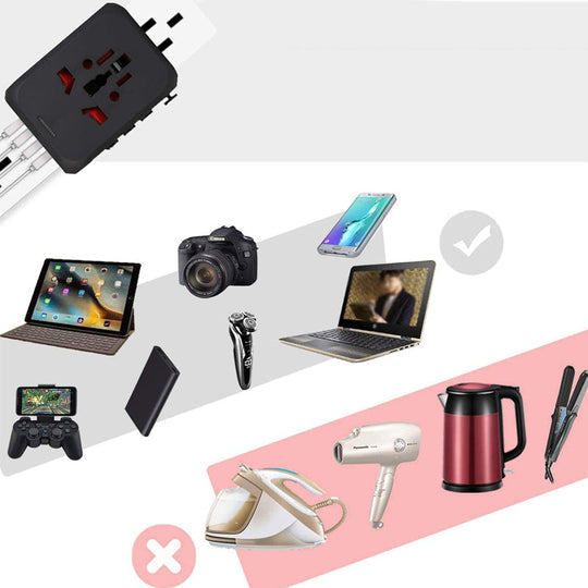 Stay connected globally with this universal travel adapter featuring 4 USB charging ports.