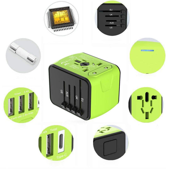 Intelligent universal charger, a travel essential with 4 USB ports for various electronics.