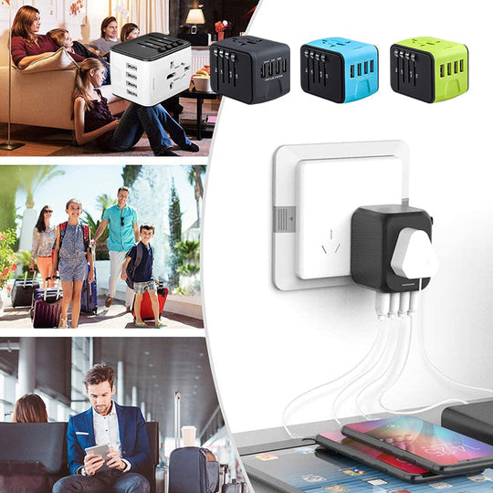 Compact universal charger with 4 USB ports, essential travel gear for international power.