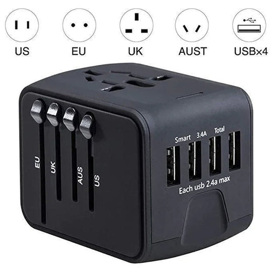 Secure universal travel adapter with 4 USB ports, ensuring safety and convenience abroad.