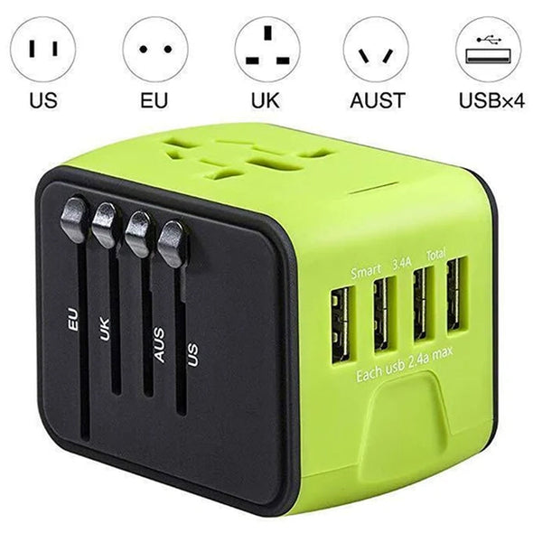 Travel gear for the modern explorer: universal power adapter with 4 USB charging ports.