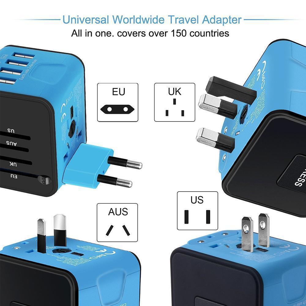 Travel essential: multi-port universal power adapter with 4 USBs for worldwide devices.