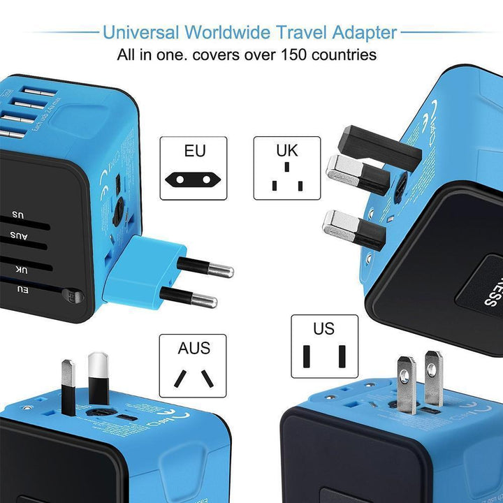 Travel essential: multi-port universal power adapter with 4 USBs for worldwide devices.