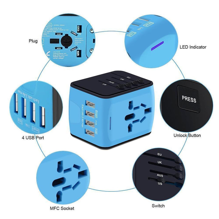 Global power solution: universal travel adapter featuring 4 USB ports for versatile charging.