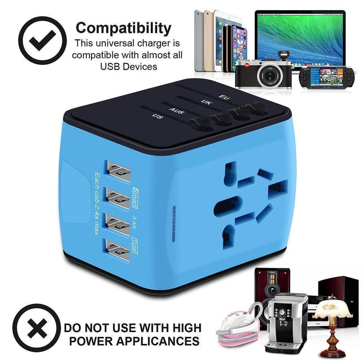Tech accessory: all-in-one universal travel power adapter with 4 USB charging ports.
