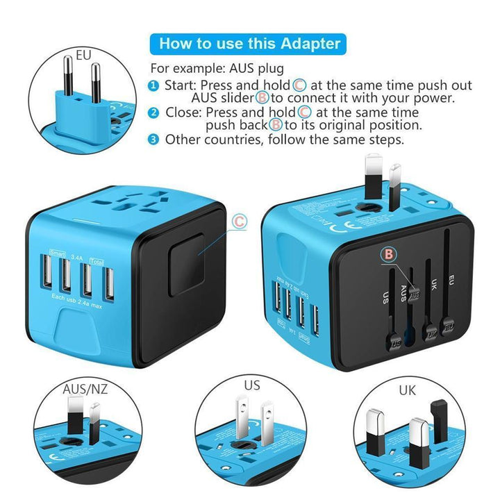 Universal travel adapter with multiple plug types and 4 USB ports for international use.