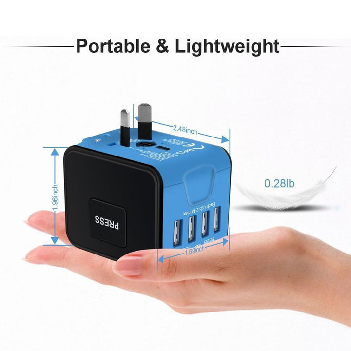 Efficient universal charger, a travel essential with 4 USB ports for smartphones & tablets.