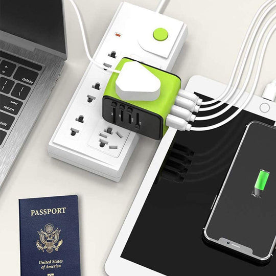 Compact travel gear: universal adapter with 4 USB ports, perfect for international travelers.