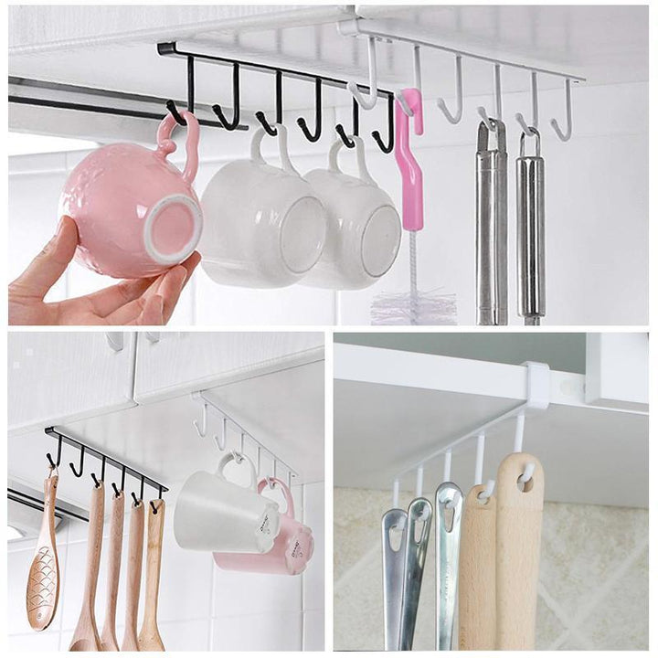 Kitchen organizer: universal under-cabinet rack with hooks, perfect for utensils and mugs, home storage
