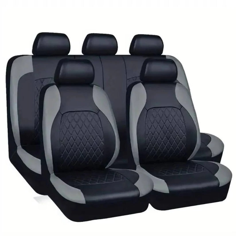 Black universal waterproof car seat covers for 5 seats. Durable PU leather for SUV & truck interior protection.
