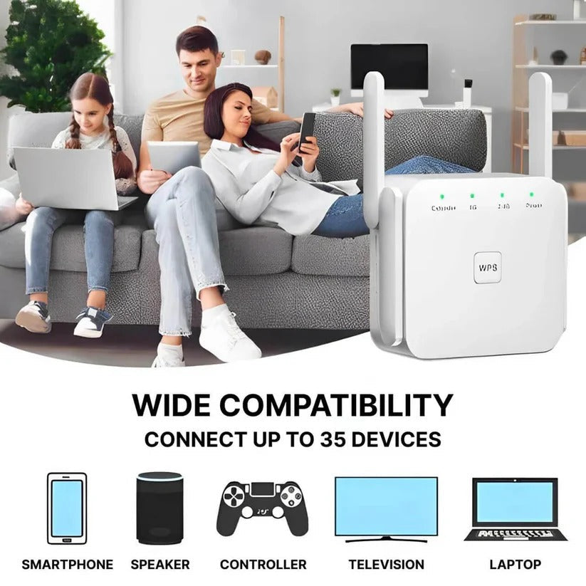 Universal internet booster, a dead zone killer. Provides strong, consistent WiFi throughout your home.