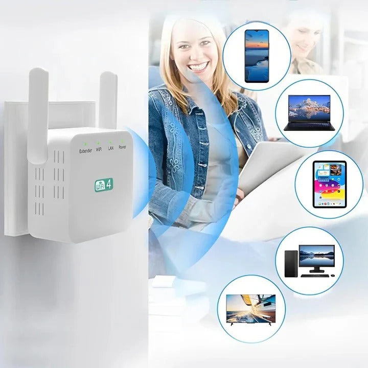 Tech gadget: Universal WiFi signal booster. Enhances range, provides stable office internet.