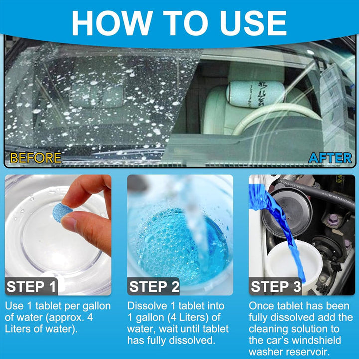 Comparison of dirty and clean windshields using Universal Wiper Fluid Tablets, effective car care