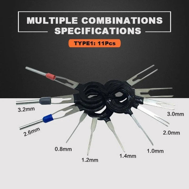 Universal terminal remover tools arranged, highlighting their utility for electrical wire connector tasks