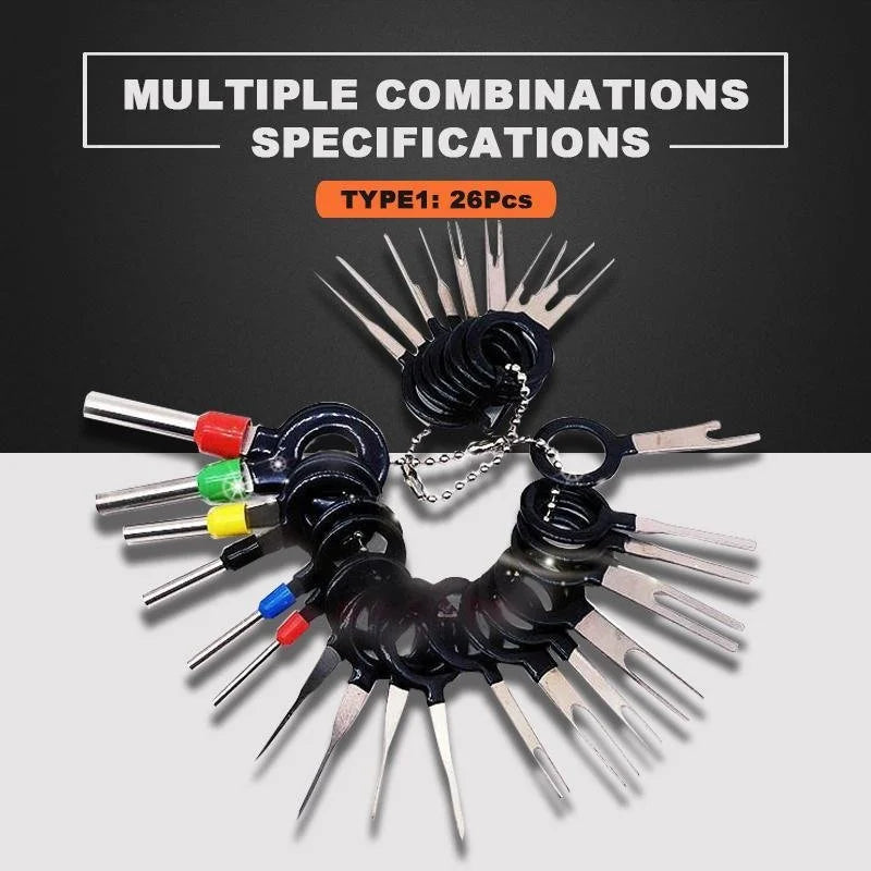 Complete set of universal wire terminal removal tools and pin extractors for car electronics repair