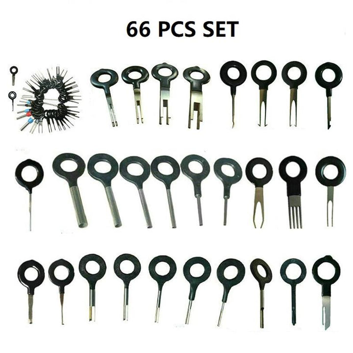 Various pin extractor tools from a universal wire terminal removal kit, ideal for connector work