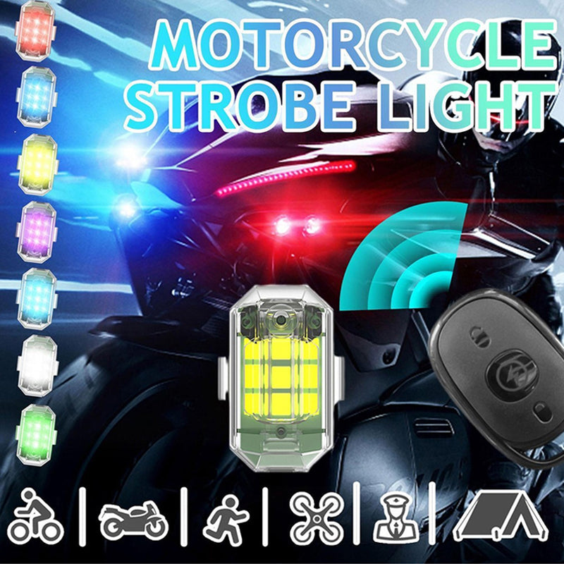 Universal wireless LED strobe light with remote, ideal for bikes, drones, and safety; multicolor waterproof design.