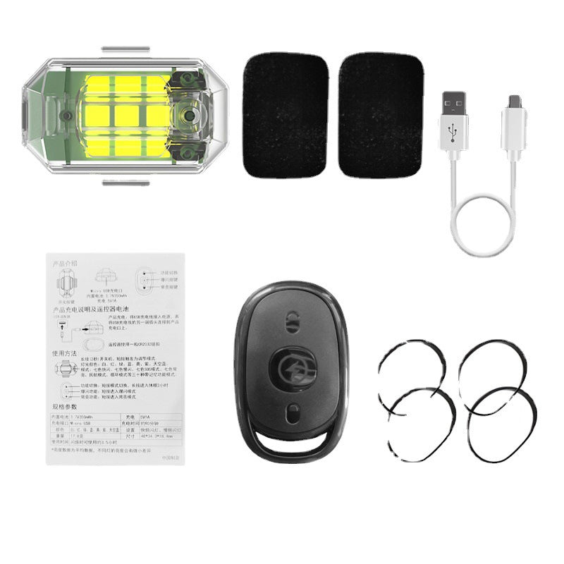 Packaging of the wireless LED strobe light kit, including the light, remote, and accessories.