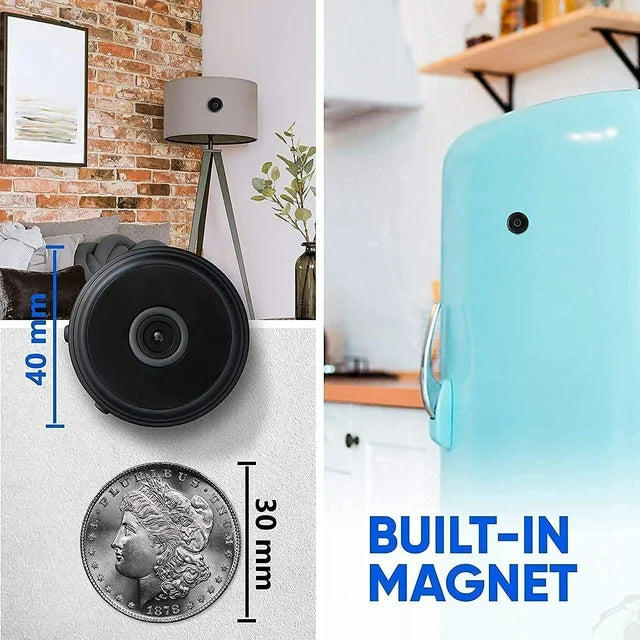 Tiny magnetic wireless camera with night vision, 1080p live stream, perfect for home, pet or outdoor security.