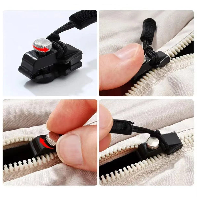 Unisex universal zipper repair kit packaging, highlighting 'DIY fix' and 'quick repair' for clothing and bags