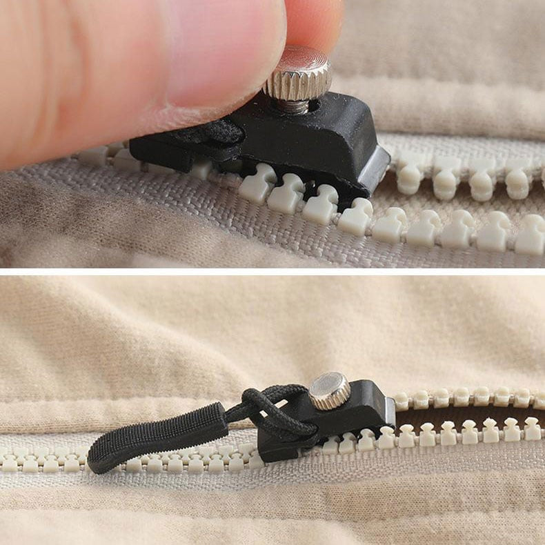 Contents of the 6-piece universal zipper repair kit spread out, demonstrating a complete solution for clothing repair
