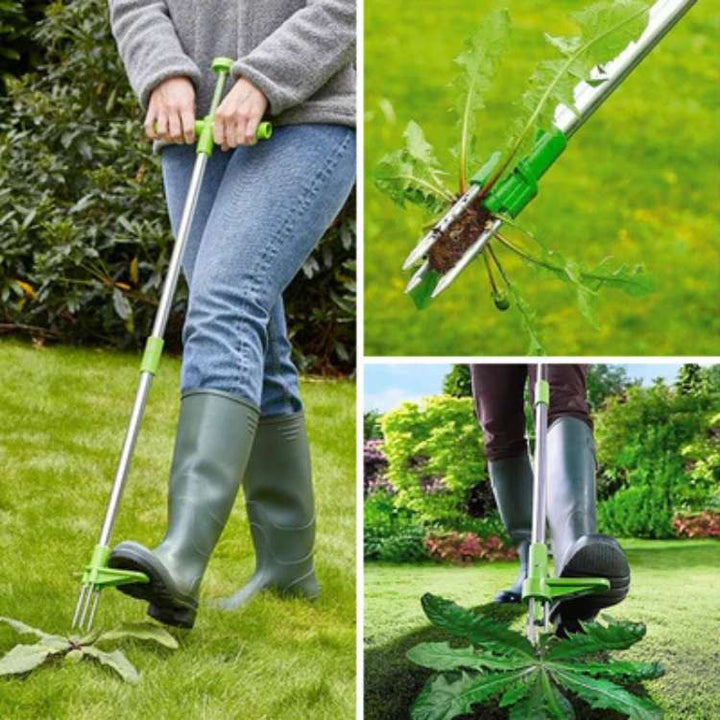 Professional upright weed puller tool with claw mechanism for effective root extraction in gardening.