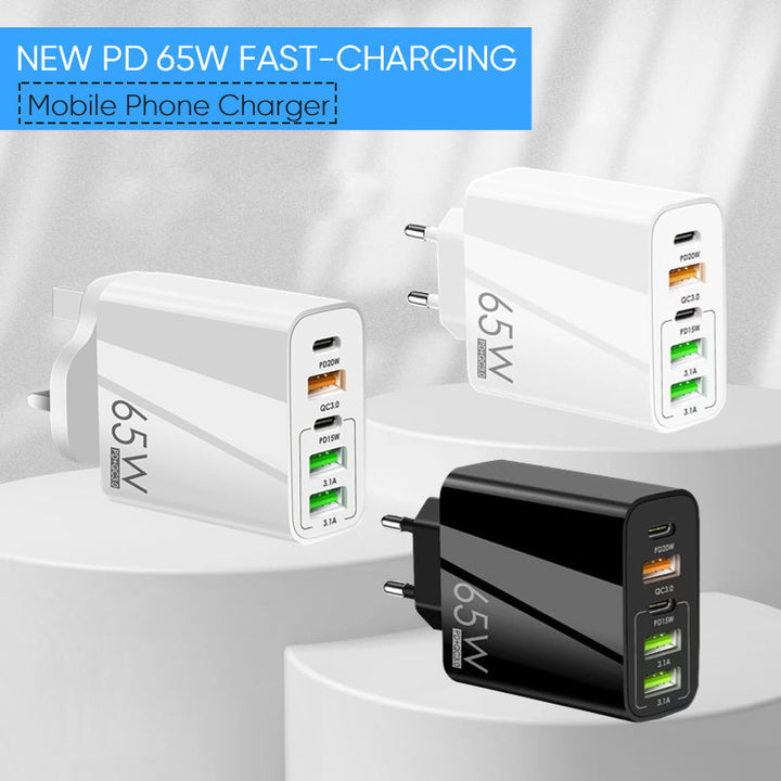 Durable black USB charger adapter, 65W fast charging for phones and other electronics