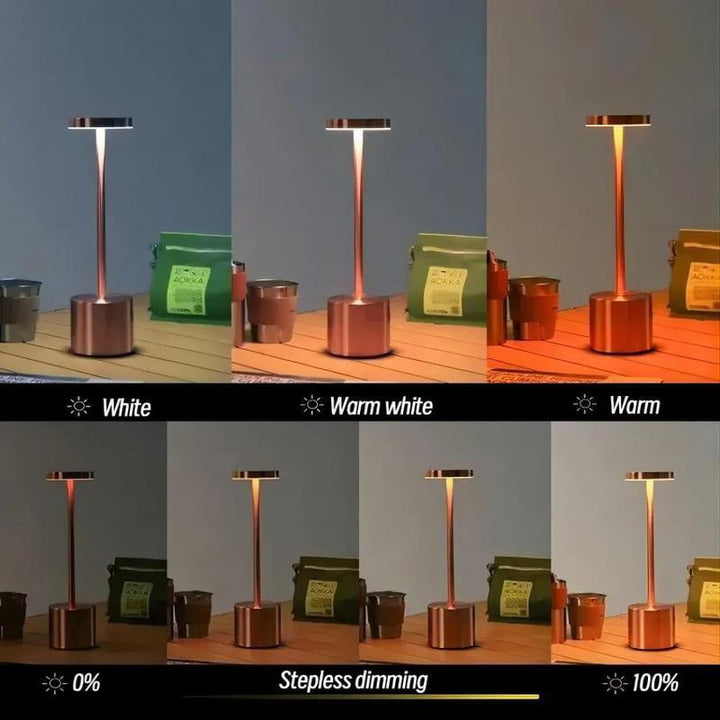 Compact LED lamp, rechargeable and touch dimmable, used as a bedside table light