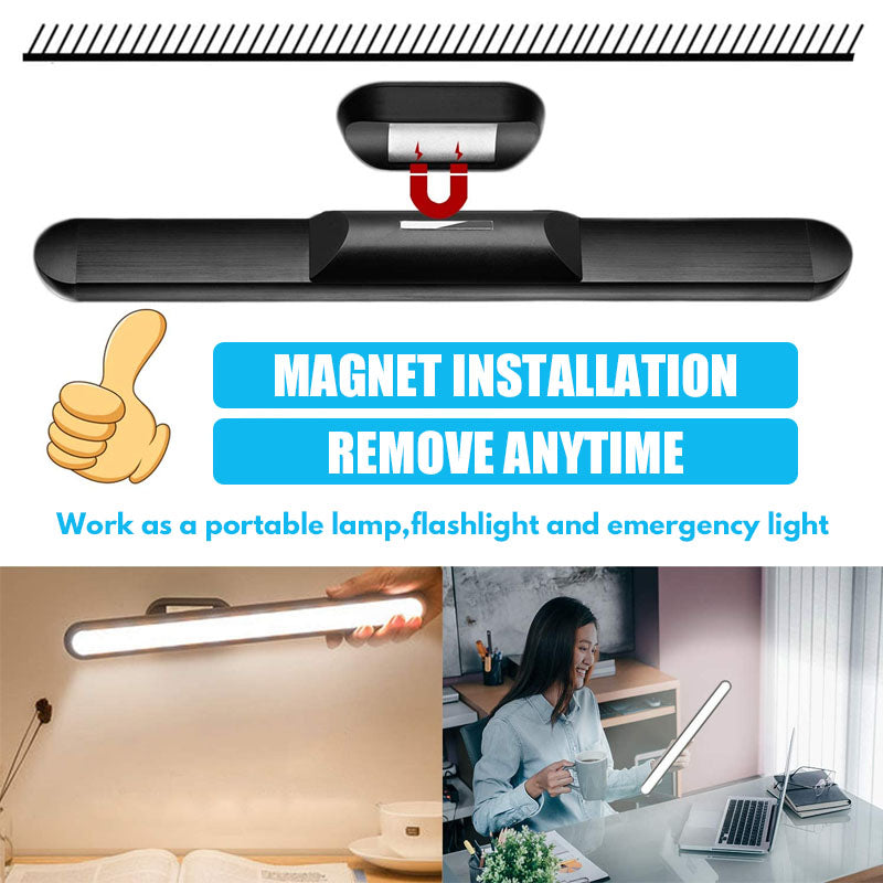 Magnetic LED reading lamp attached to a metal surface, featuring USB rechargeability