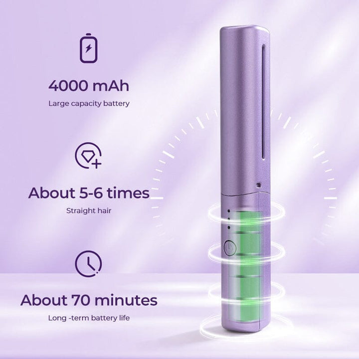 Rechargeable hair straightening comb, travel-size, featuring ceramic plates for smooth, frizz-free hair.